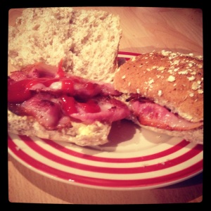 bacon on wholewheat oat topped rolls with lashings of tomato ketchup - the perfect Bank Holiday breakfast